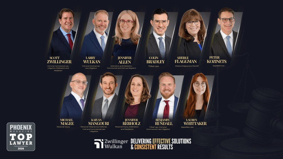 Phoenix Magazine 2026 Top Lawyers graphic featuring eleven Zwillinger Wulkan attorneys