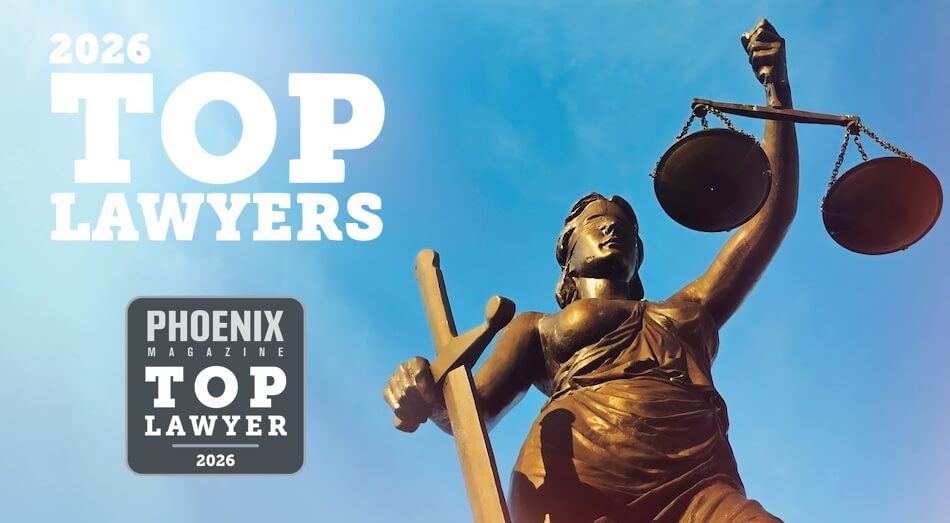 Phoenix Magazine 2026 Top Lawyers graphic featuring a statue of Lady Justice